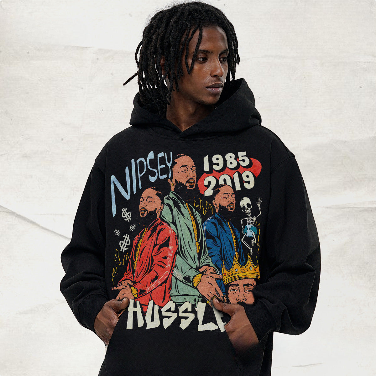 Vintage Hoodie American Vintage Print Solid Color Hooded Crew Neck Sweater