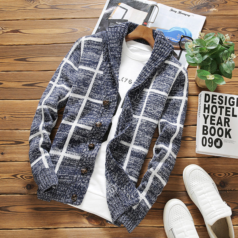 Baja Hoodie Plaid Cardigan Thick Lapel Button Sweater Sweater