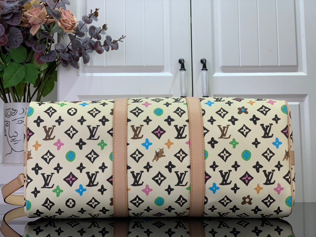 ＬＳ ＶＴＴＯＮ x YAYOI KUSAMA KEEPALL BANDOULIÈRE 45 WHITE