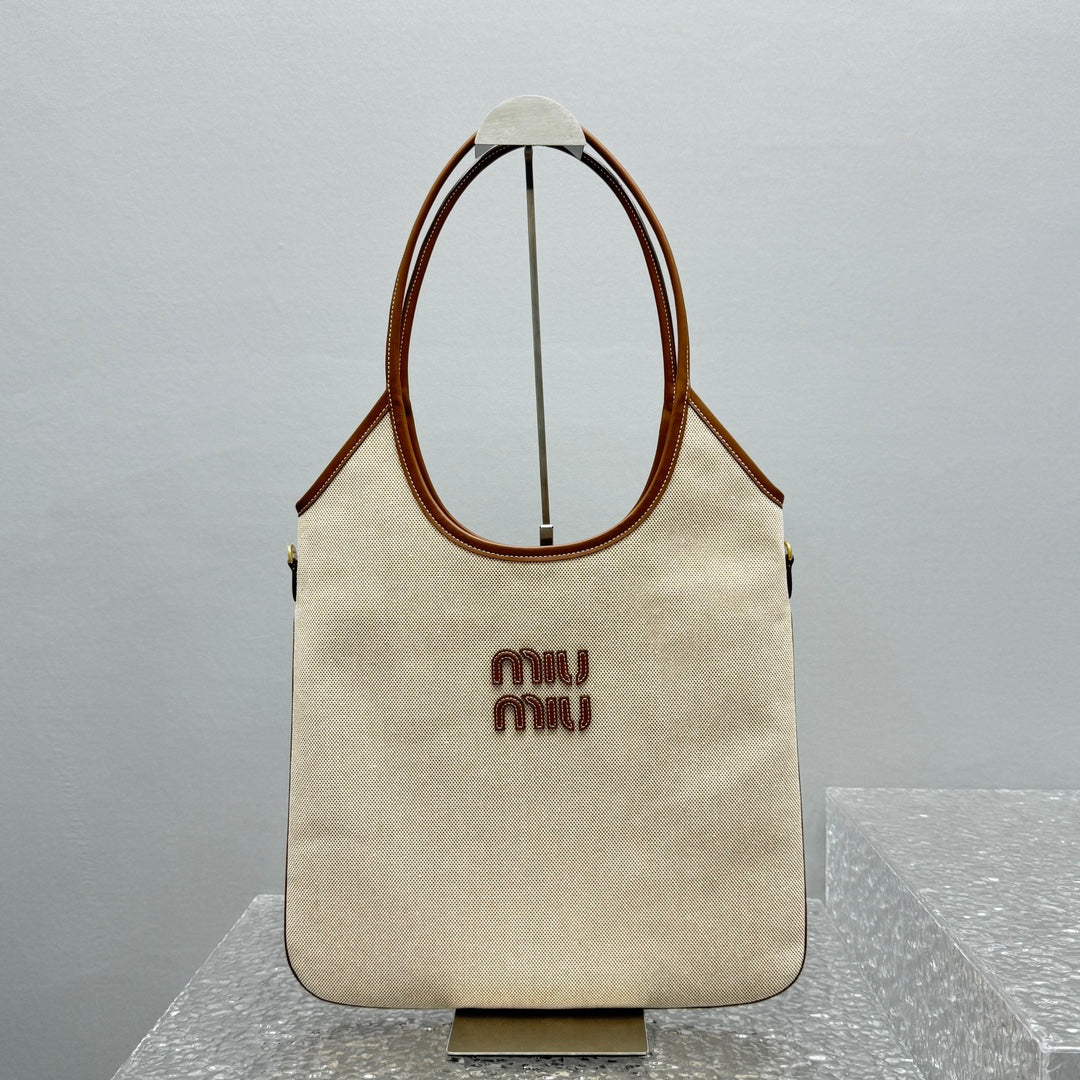 ＭＩ ＭＵ IVY CANVAS AND LEATHER TOTE BAG BEIGE/BRANDY