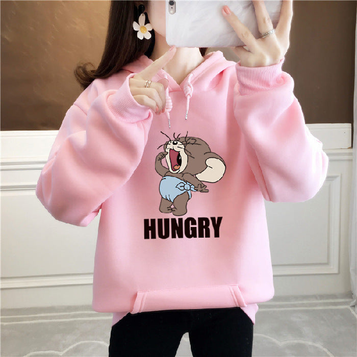 Anime Hoddies Fall/Winter Velvet Padded Thickened Sweater Women's Sports and Leisure Loose-Fitting Hoodie