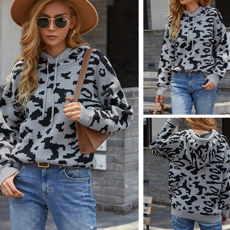 Women Pullover Knit Sweater Women's Knitwear Leopard Print Drawstring Hoodie