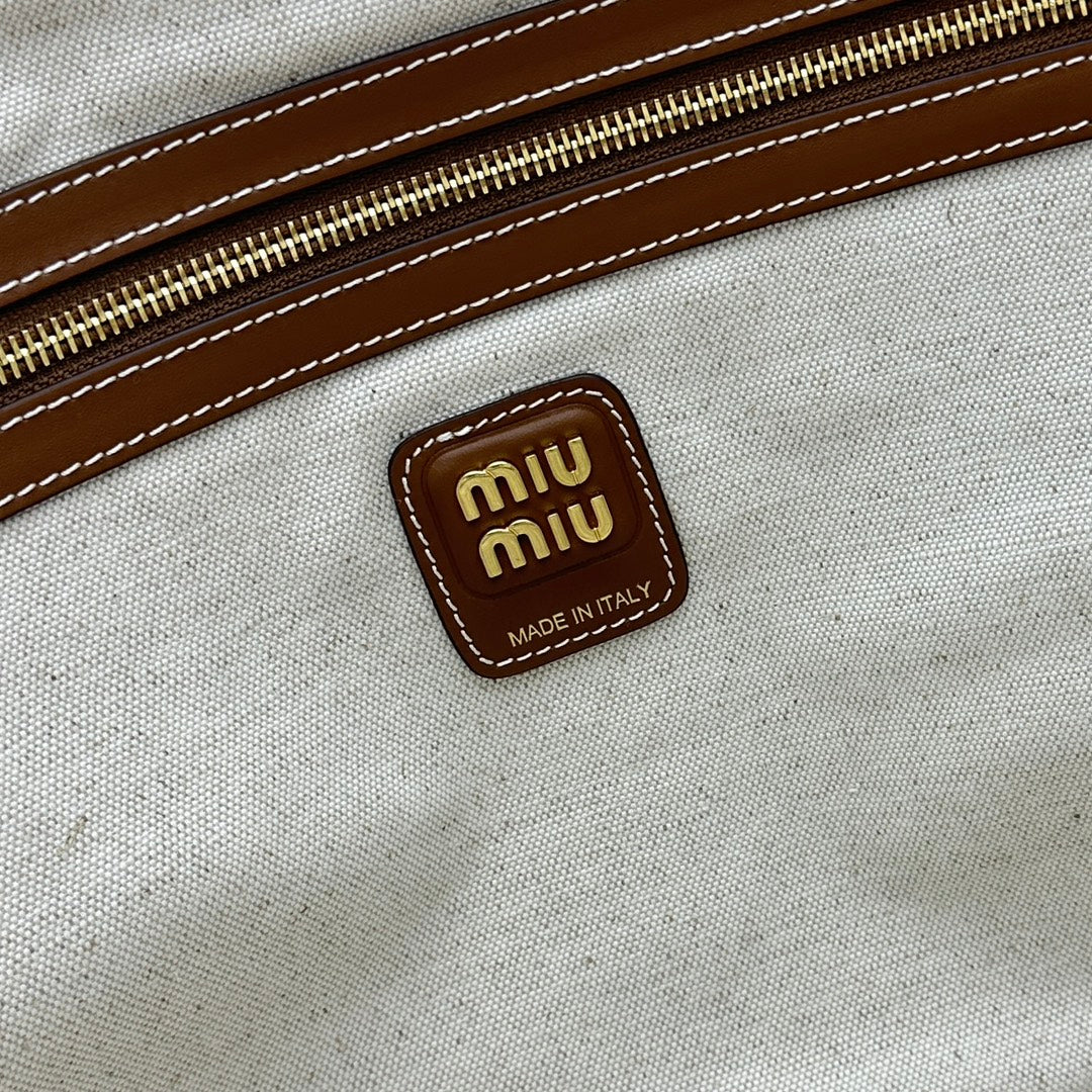 ＭＩ ＭＵ  IVY CANVAS AND LEATHER TOTE BAG BEIGE/BRANDY
