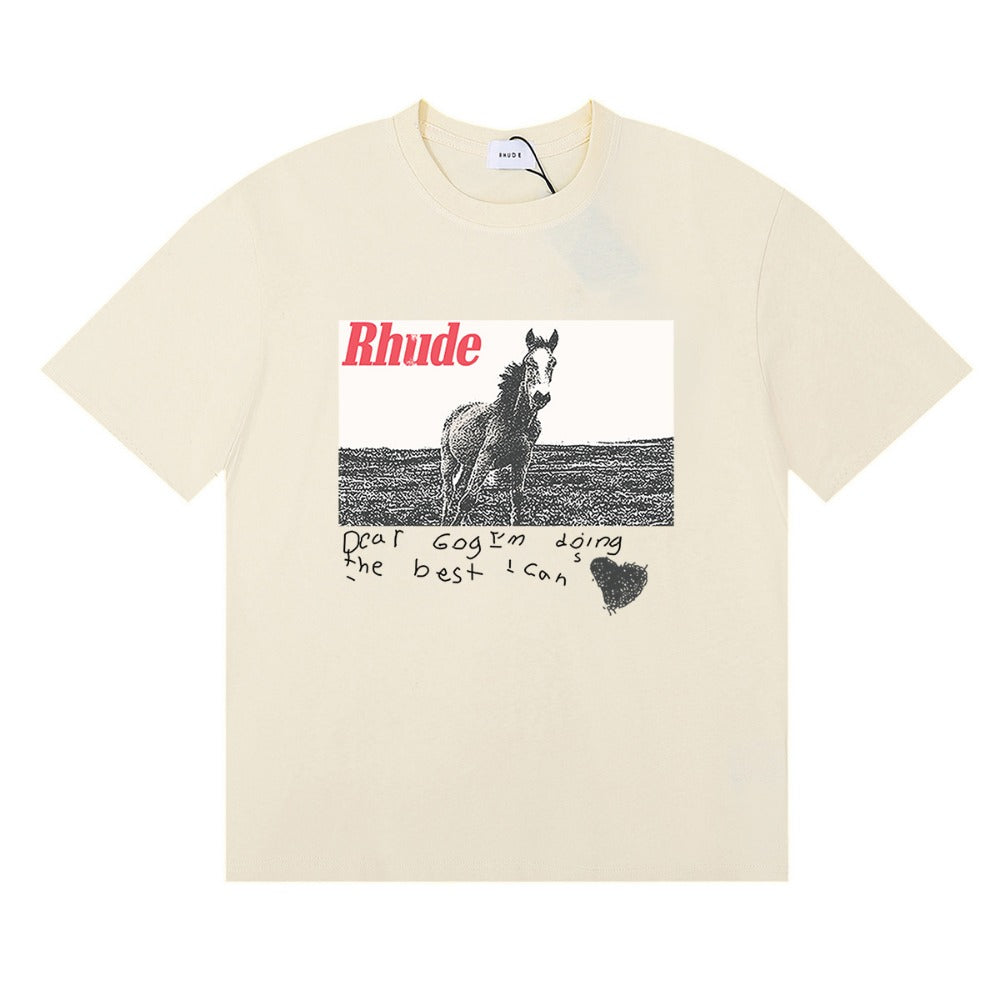 Rhude T Shirt Micro Label Alphabet Horse Print Short Sleeve T-Shirt