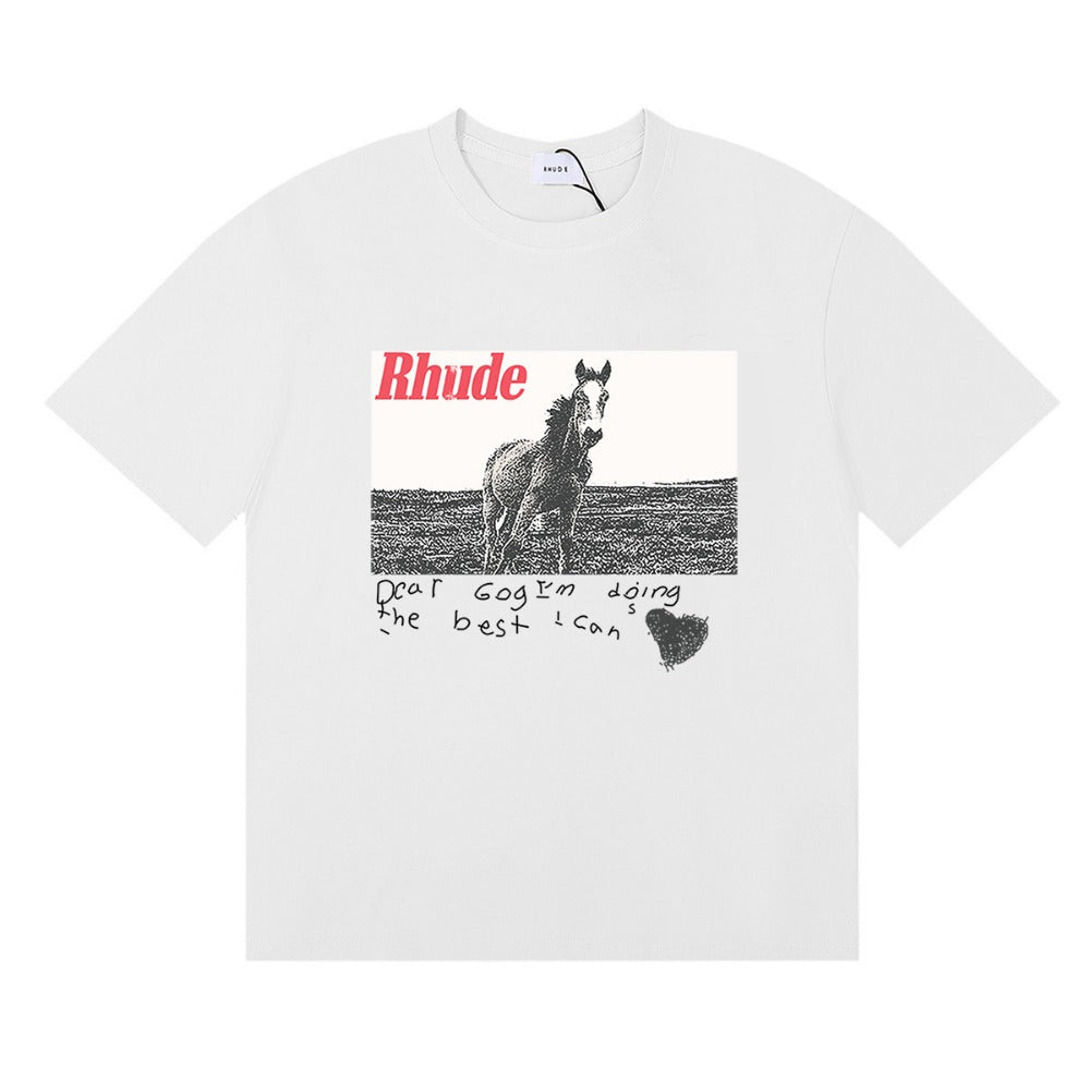 Rhude T Shirt Micro Label Alphabet Horse Print Short Sleeve T-Shirt