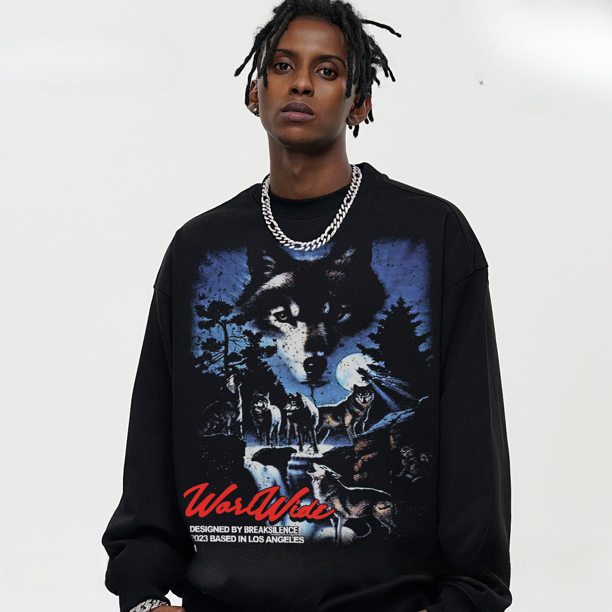 Vintage Hoodie Silver Wolf Night Vintage Printed Hooded Sweater Fall/Winter Crew Neck