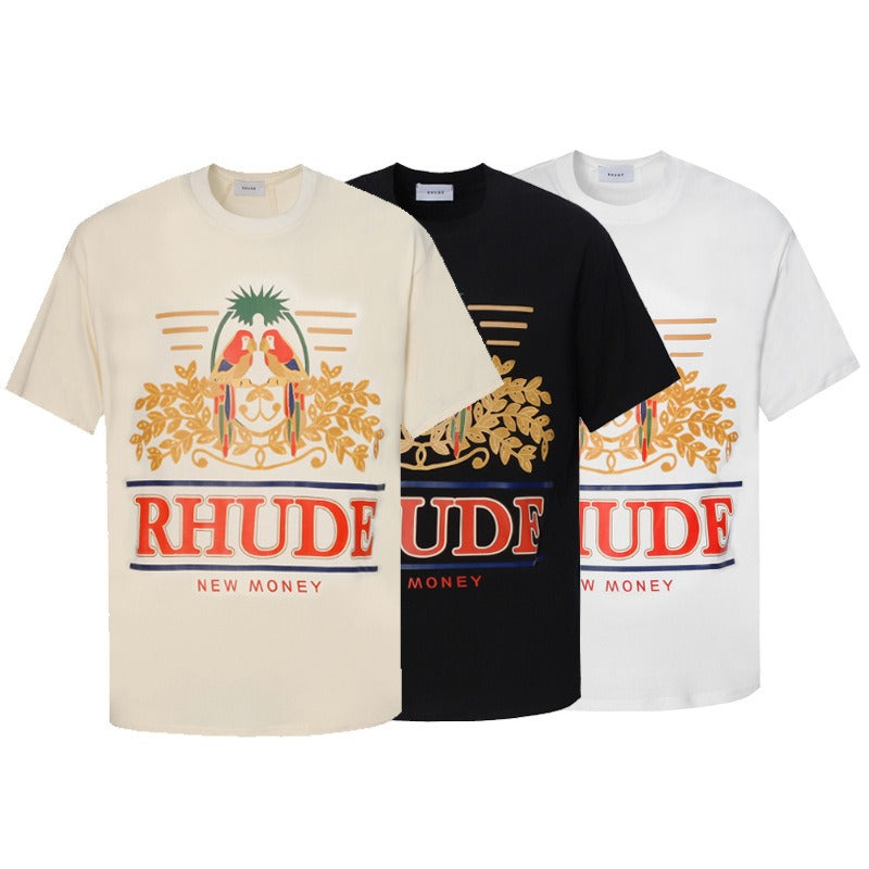 Rhude T Shirt Parrot Wheat Ear Letter Print Short Sleeve T-Shirt