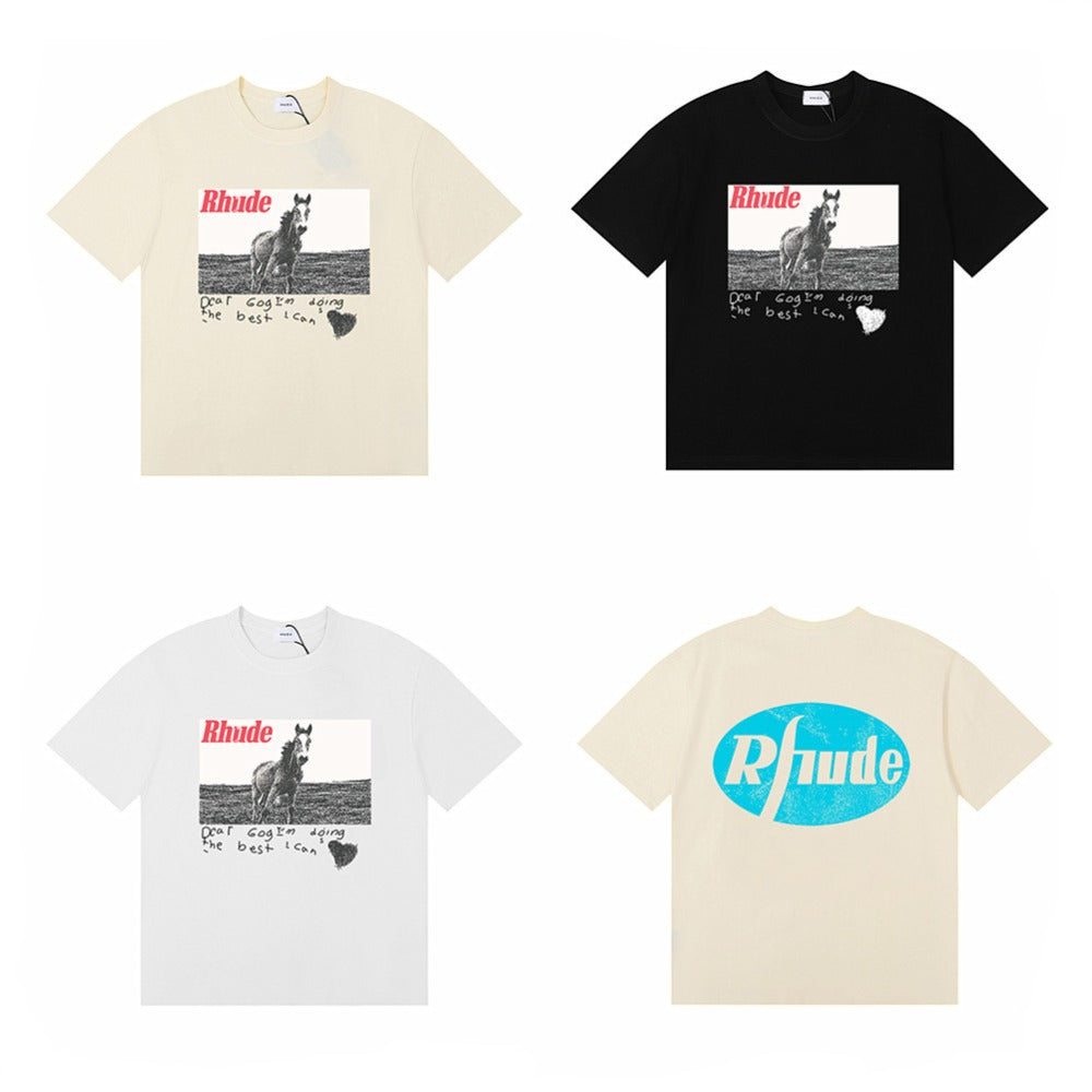 Rhude T Shirt Micro Label Alphabet Horse Print Short Sleeve T-Shirt