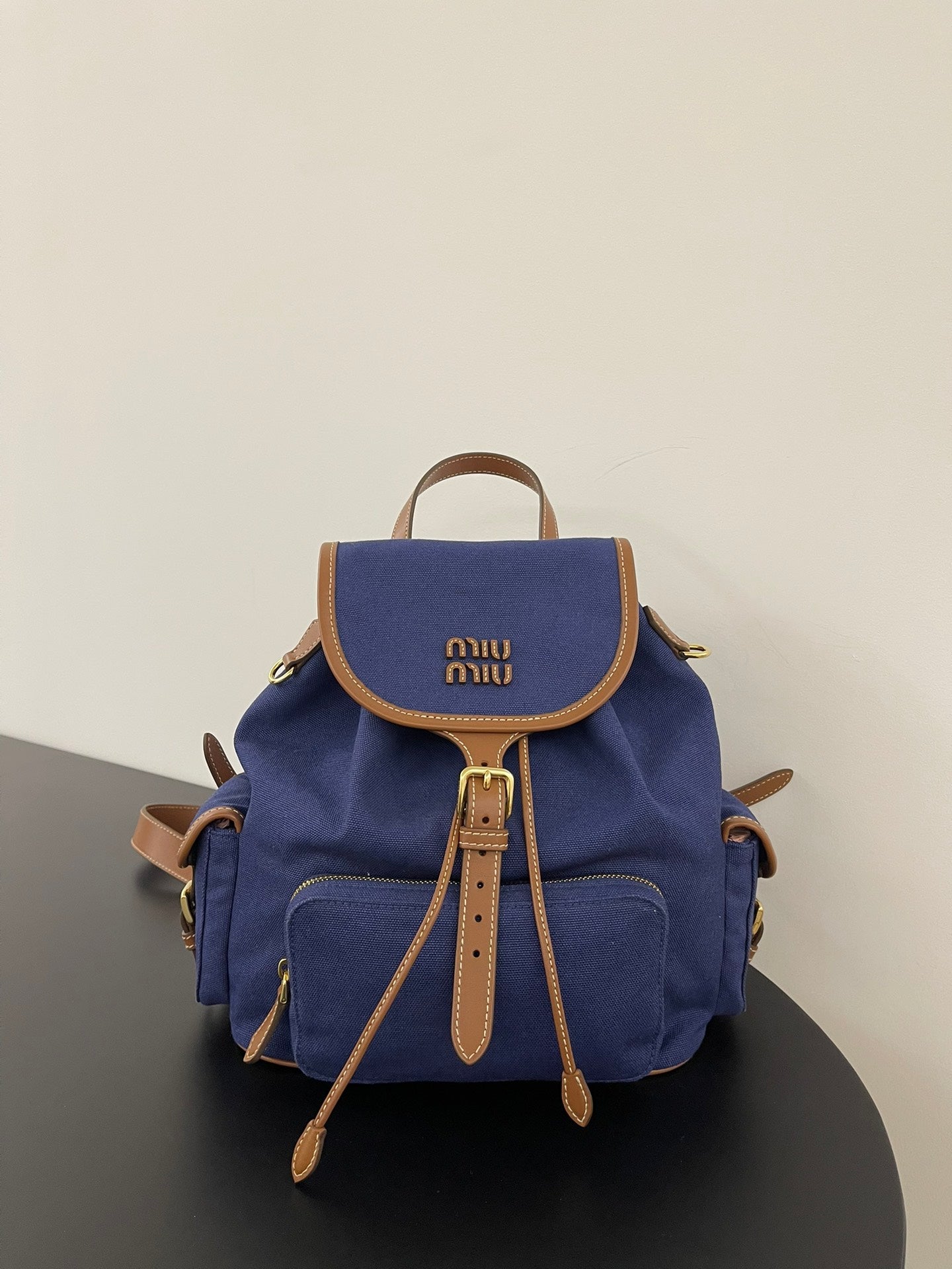 ＭＩ ＭＵ CANVAS AND LEATHER BACKPACK CORNFLOWER BLUE/BRANDY