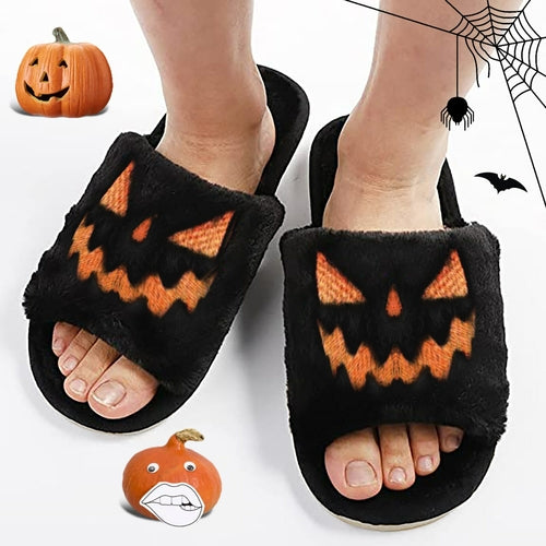 Halloween Pumpkin Slippers Open Toe Women Fuzzy Slippers Color Black