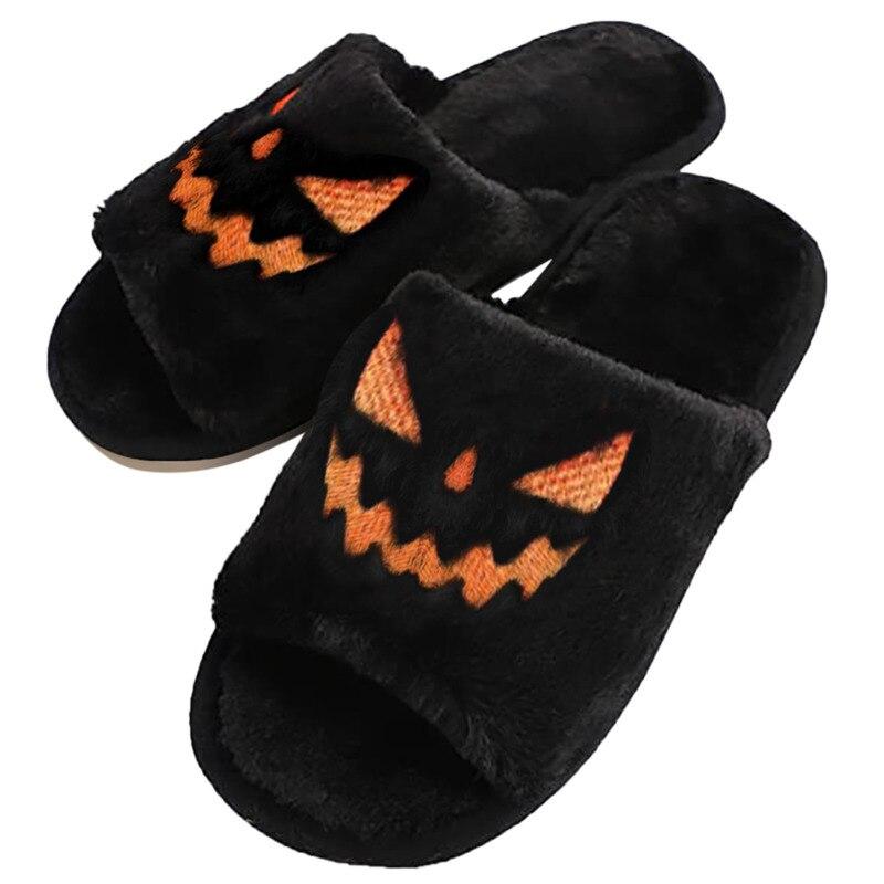 Halloween Pumpkin Slippers Open Toe Women Fuzzy Slippers Color Black