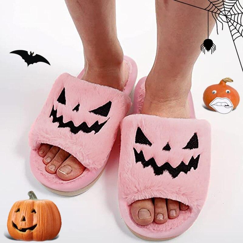 Halloween Pumpkin Slippers Open Toe Women Fuzzy Slippers Color Black