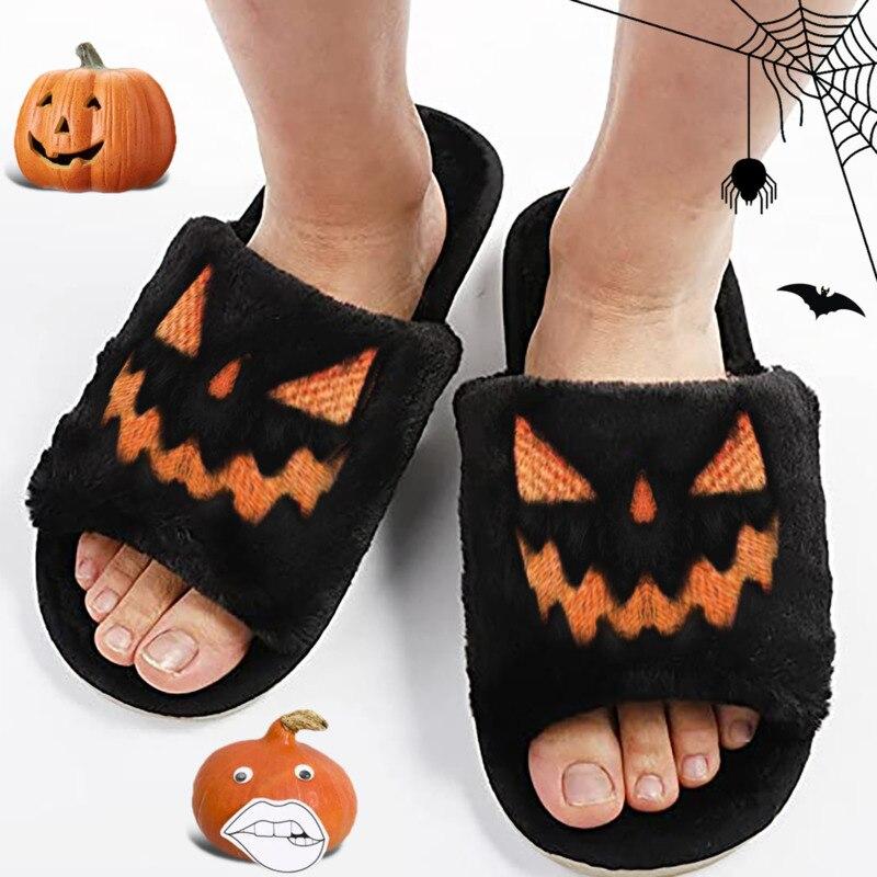 Halloween Pumpkin Slippers Open Toe Women Fuzzy Slippers Color Black