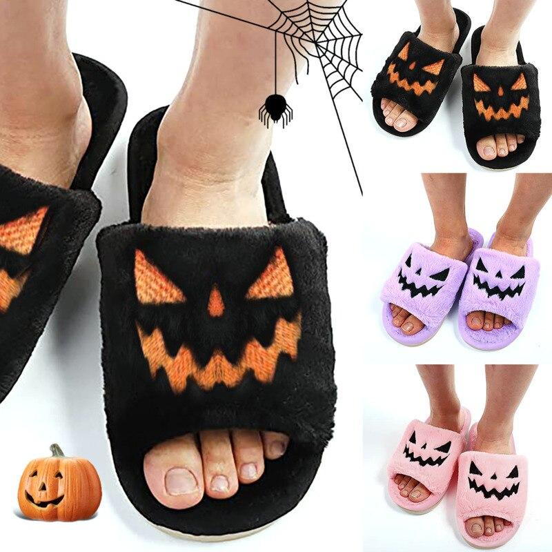 Halloween Pumpkin Slippers Open Toe Women Fuzzy Slippers Color Black