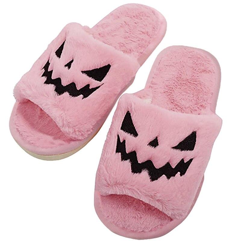 Halloween Pumpkin Slippers Open Toe Women Fuzzy Slippers Color Black
