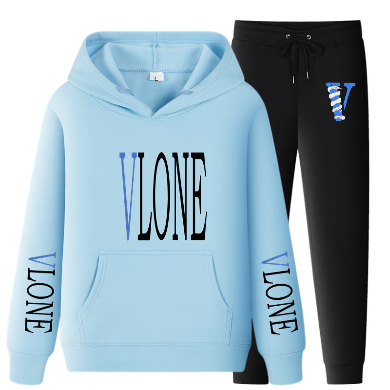 Vlone Hoodie & Pants 2 Piece Set Printed Casual Sports Loose Suit