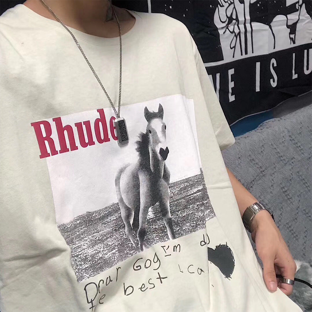 Rhude T Shirt Micro Label Alphabet Horse Print Short Sleeve T-Shirt