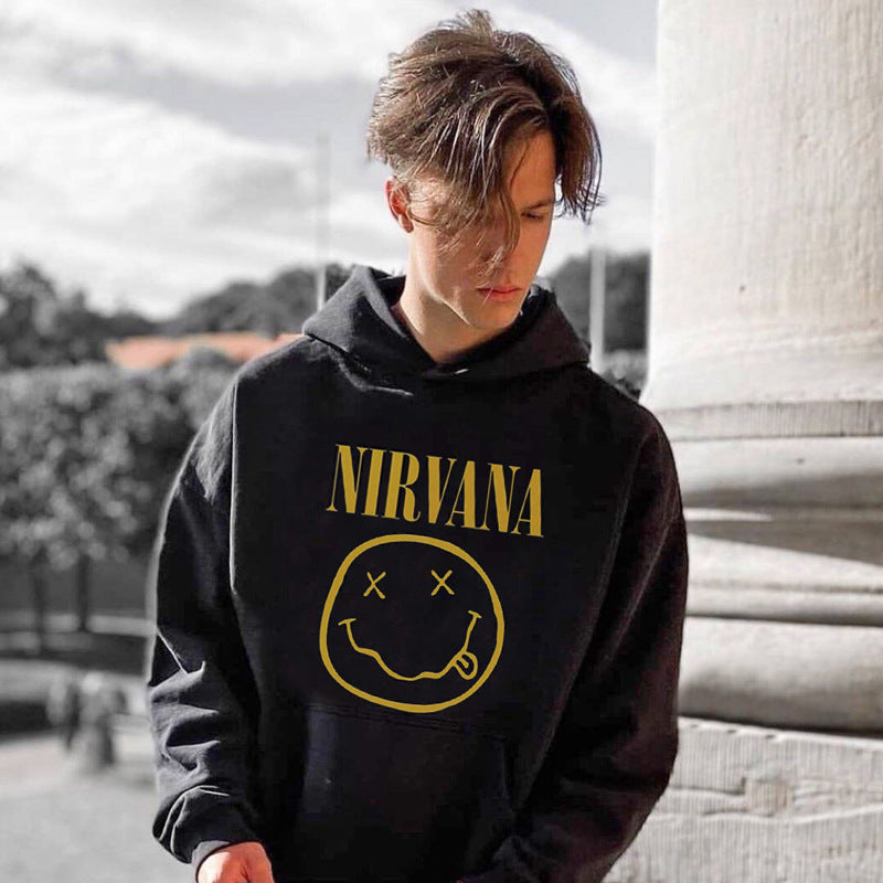 Nirvana Hoodie Hip Hop Retro Smiling Face Velvet Padded Hooded Sweatshirt Fog