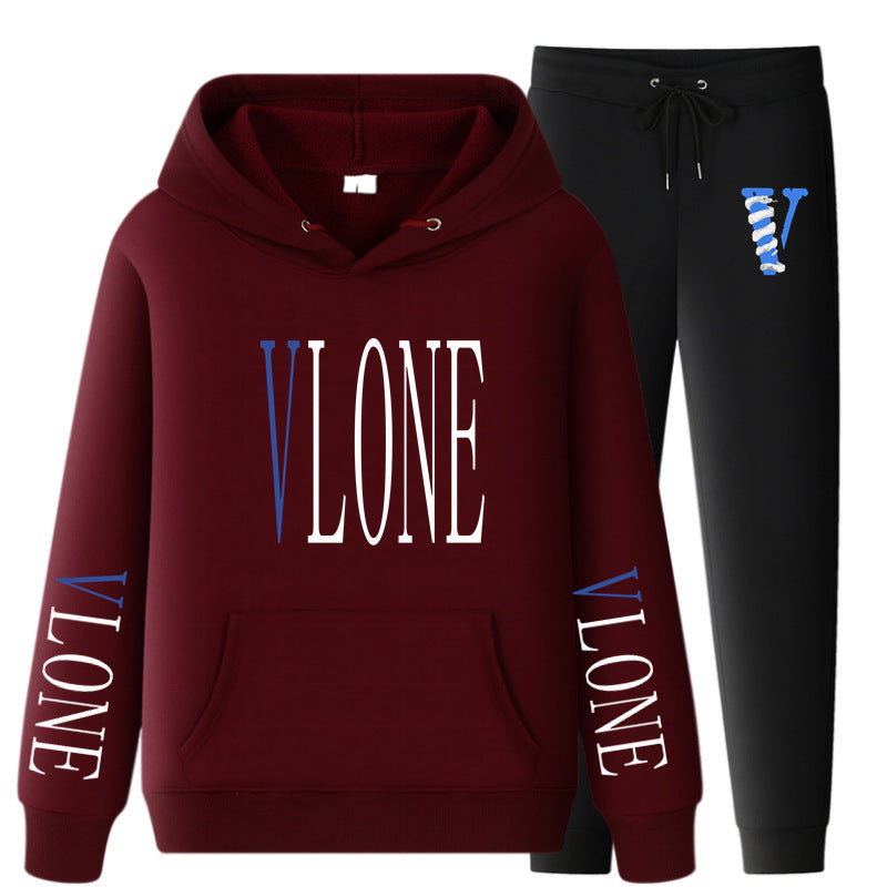 Vlone Hoodie & Pants 2 Piece Set Printed Casual Sports Loose Suit