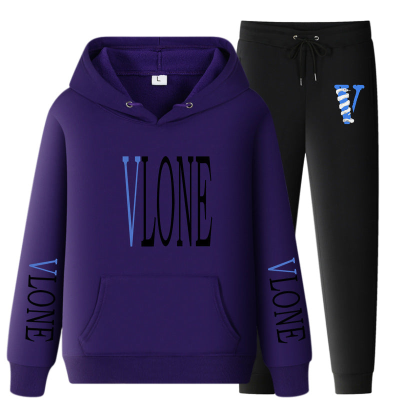 Vlone Hoodie & Pants 2 Piece Set Printed Casual Sports Loose Suit