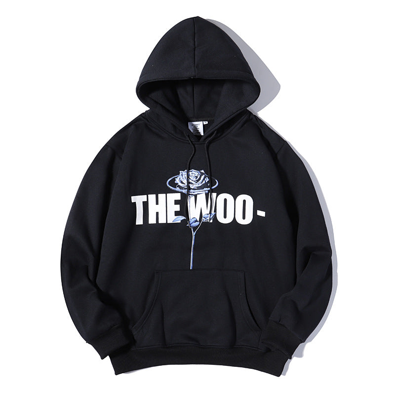 Pop Smoke Hoodies Rose Print Loose Hooded plus Velvet