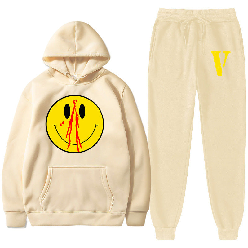 Vlone Hoodie & Pants 2 Piece Men'S Spring And Autumn Print Smiley Pullover Sweater