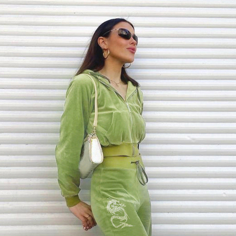 Velour Tracksuit Sports Style Green Velvet Hoodie and Hot Drilling Velvet Pants