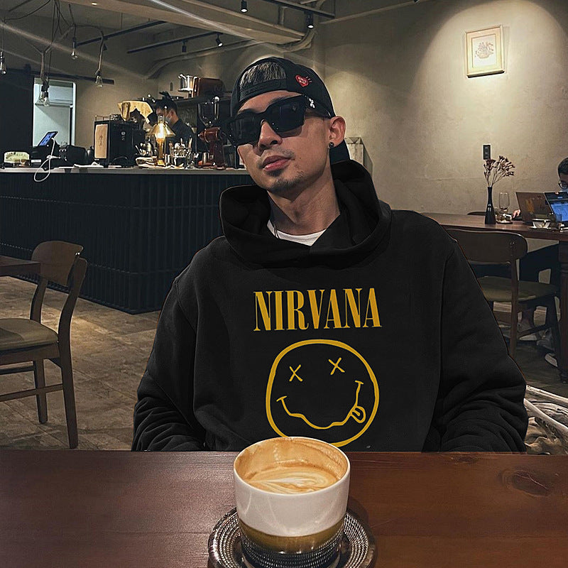 Nirvana Hoodie Hip Hop Retro Smiling Face Velvet Padded Hooded Sweatshirt Fog