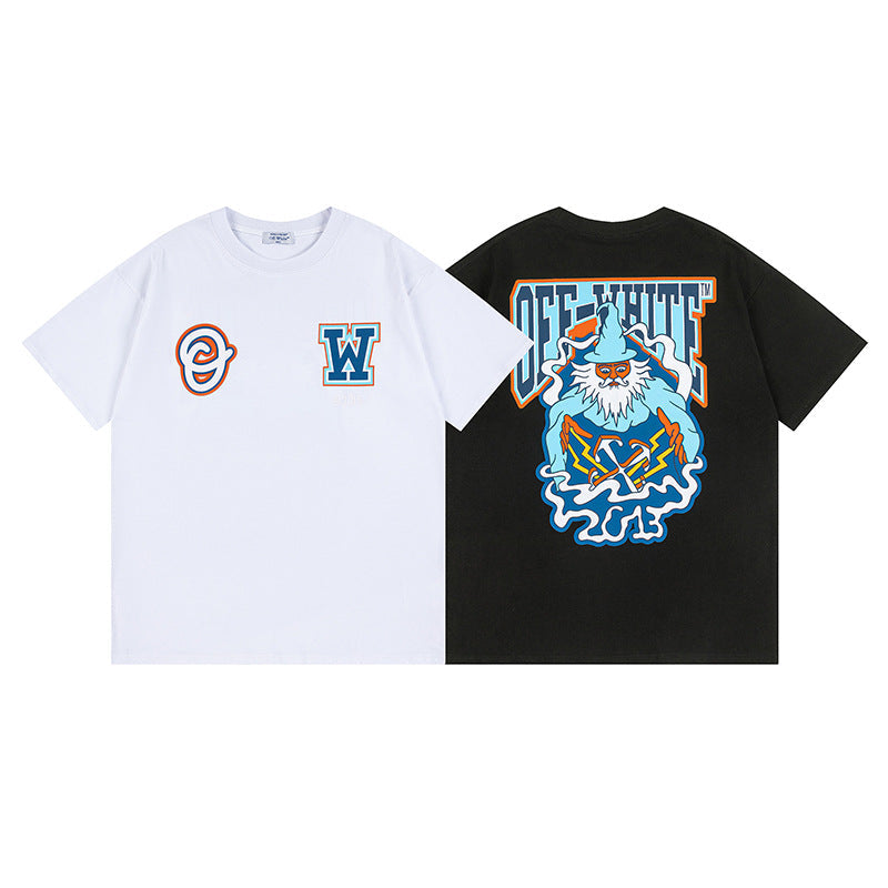 Off White T Shirts OW Cartoon Wizard Pattern Crew Neck Pullover Short Sleeves