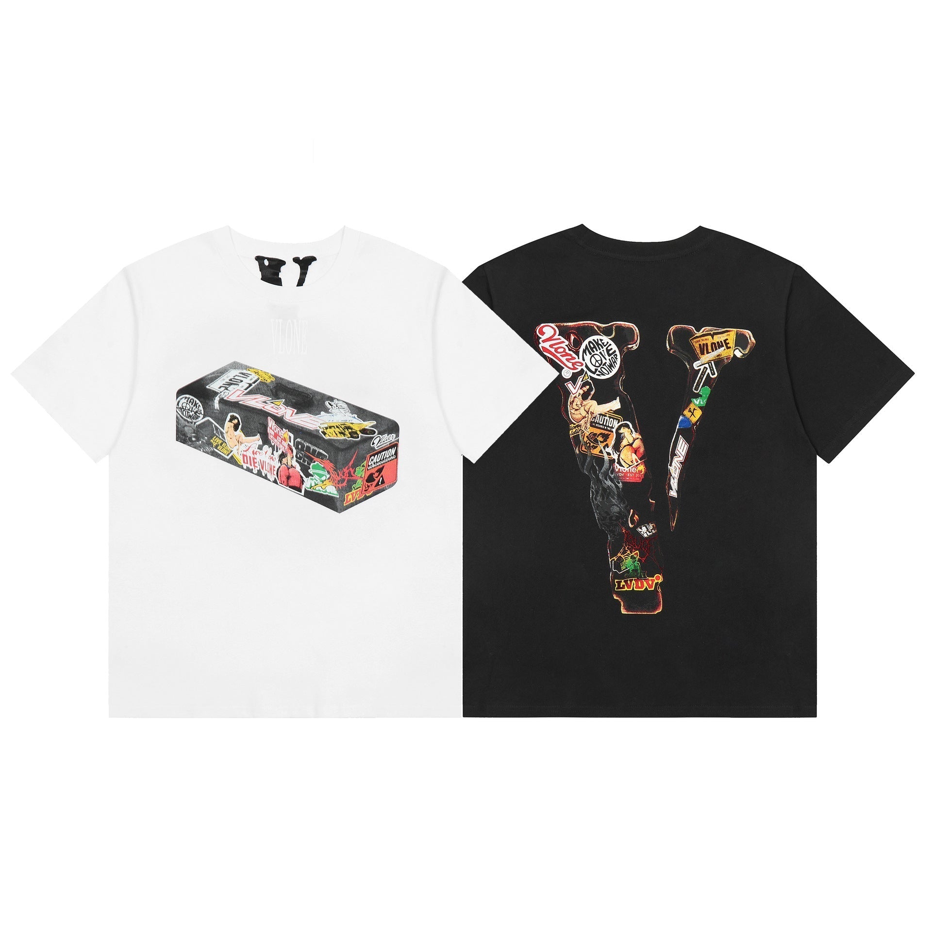 Vlone T Shirt Spring Summer Cartoon Pattern Big V Letter Crew Neck