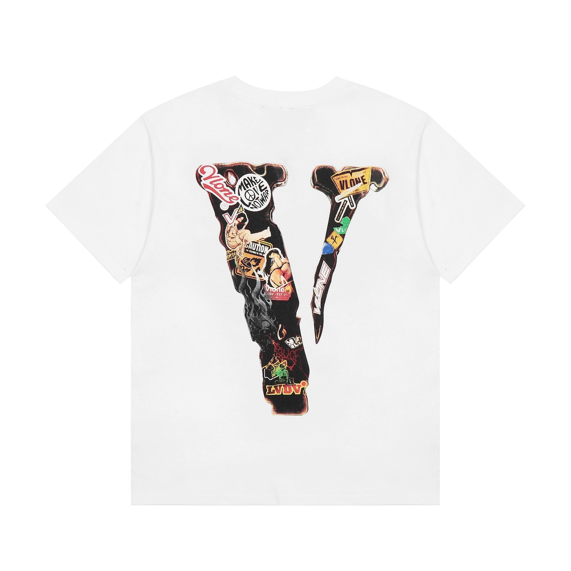 Vlone T Shirt Spring Summer Cartoon Pattern Big V Letter Crew Neck