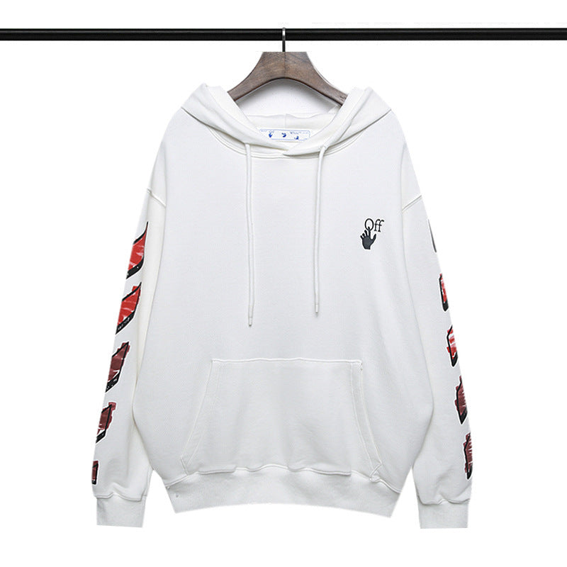 off White Hoodie Autumn and Winter Graffiti Arrow Print Long Sleeve Hooded Sweater