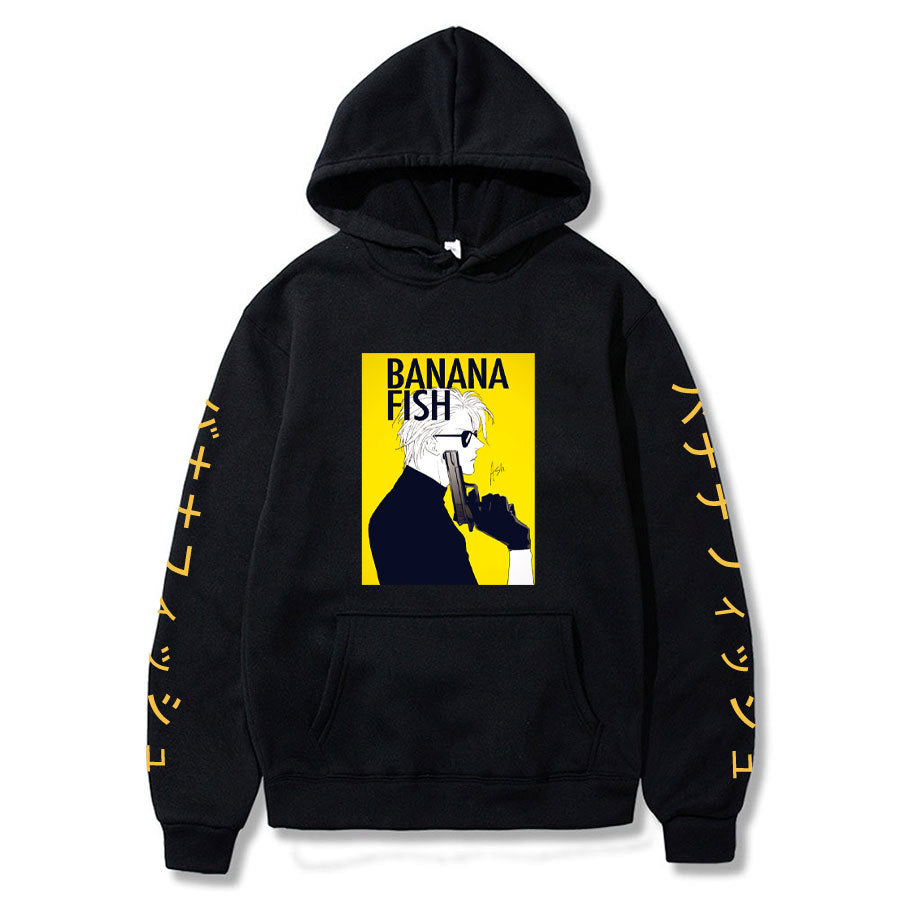 Anime Hoddies Banana Fish Print Loose Hoodie Velvet Padded Hooded Sweatshirt Men and Women