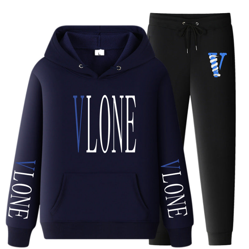Vlone Hoodie & Pants 2 Piece Set Printed Casual Sports Loose Suit