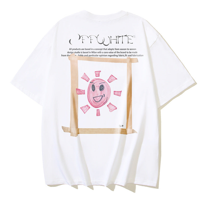 Off White T Shirts OW Sun Moon Print Crew Neck Pullover Short Sleeves