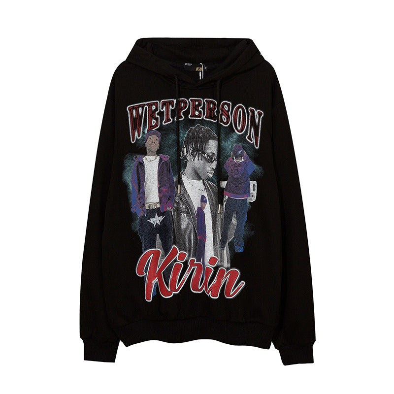 Man Fall Outfits Hip Hop Printed Hoodie Men's and Women's Pullover Black White Autumn and Winter