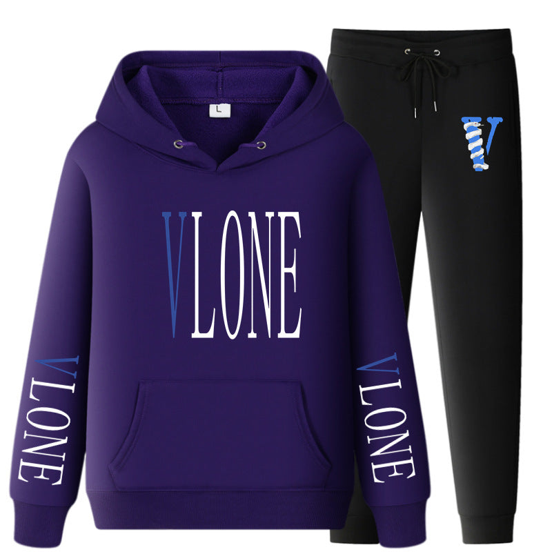 Vlone Hoodie & Pants 2 Piece Set Printed Casual Sports Loose Suit