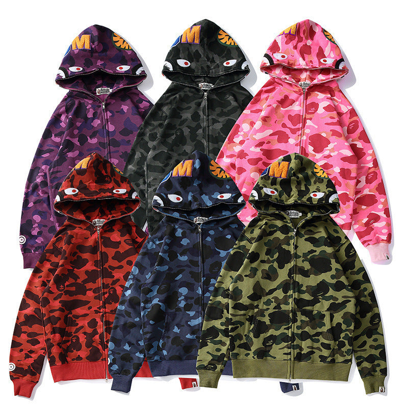 Bathing Ape Autumn and Winter Men's and Women's Pure Cotton Shark Head 3D Camouflage Printing Brushed Hoody Hoodie
