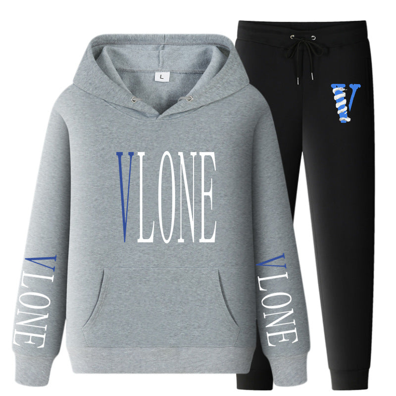 Vlone Hoodie & Pants 2 Piece Set Printed Casual Sports Loose Suit