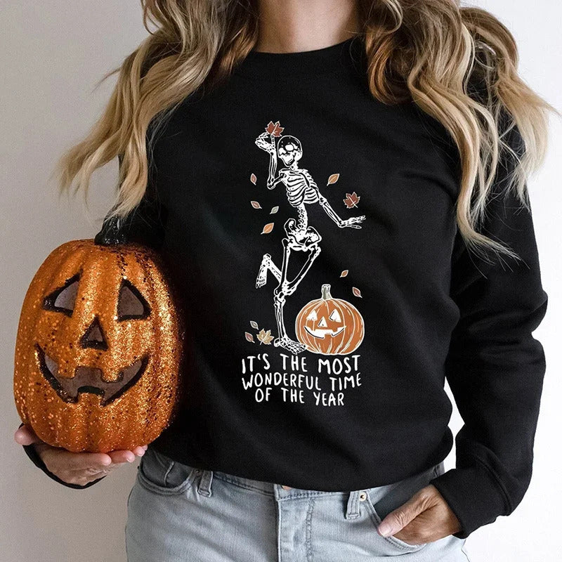 Pius size Halloween Skeleton Pumpkin Print Hoodies