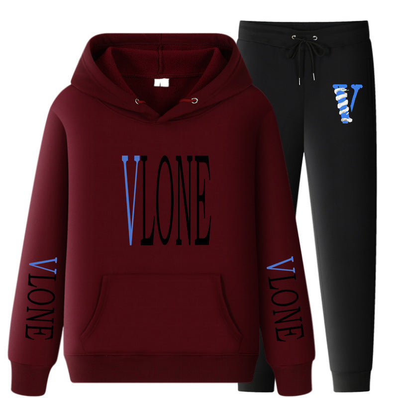 Vlone Hoodie & Pants 2 Piece Set Printed Casual Sports Loose Suit