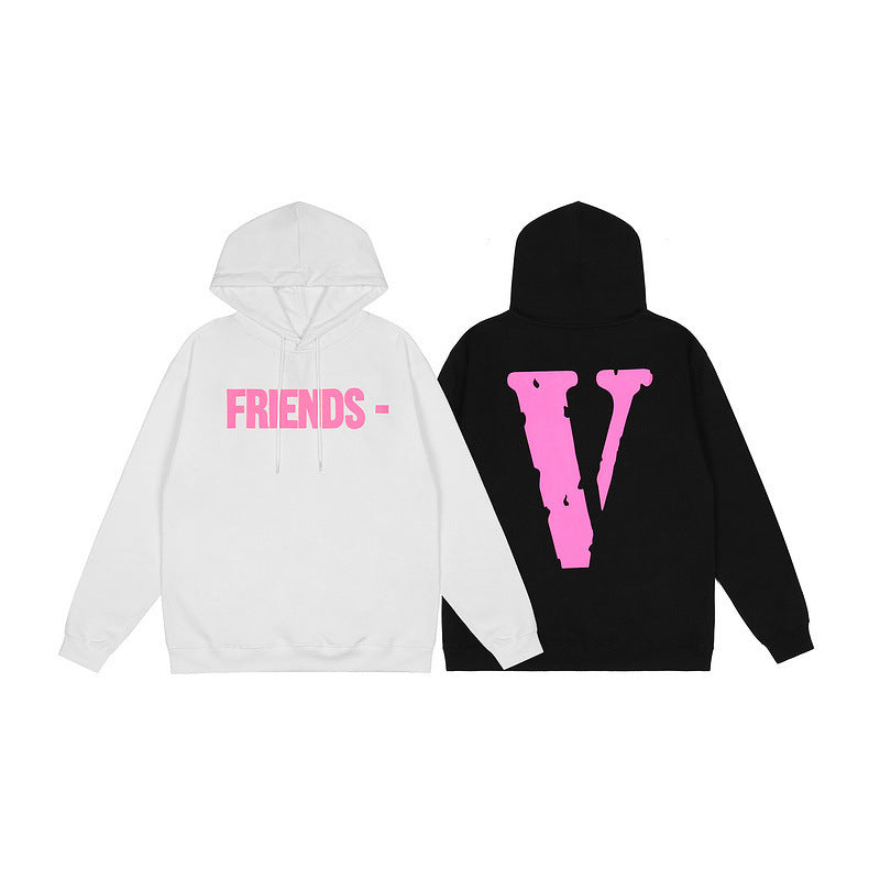 Vlone Hoodie Autumn And Winter Pink Big V Ribbed Pattern At Hem Terry Hoodie