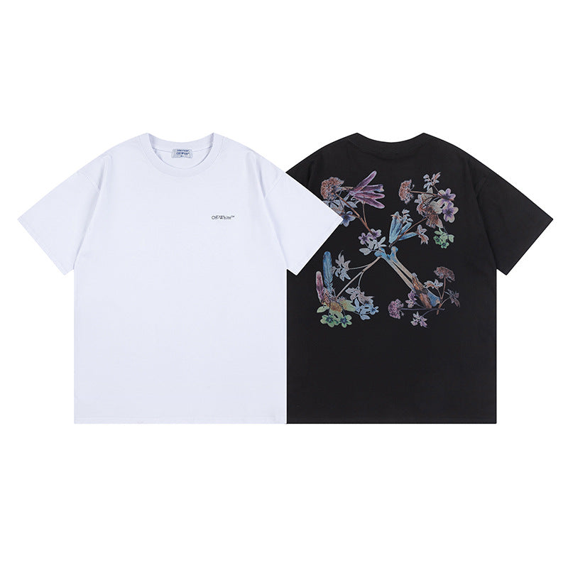 Off White T Shirts OW Botanical Flower Pattern Crew Neck Pullover Short Sleeves
