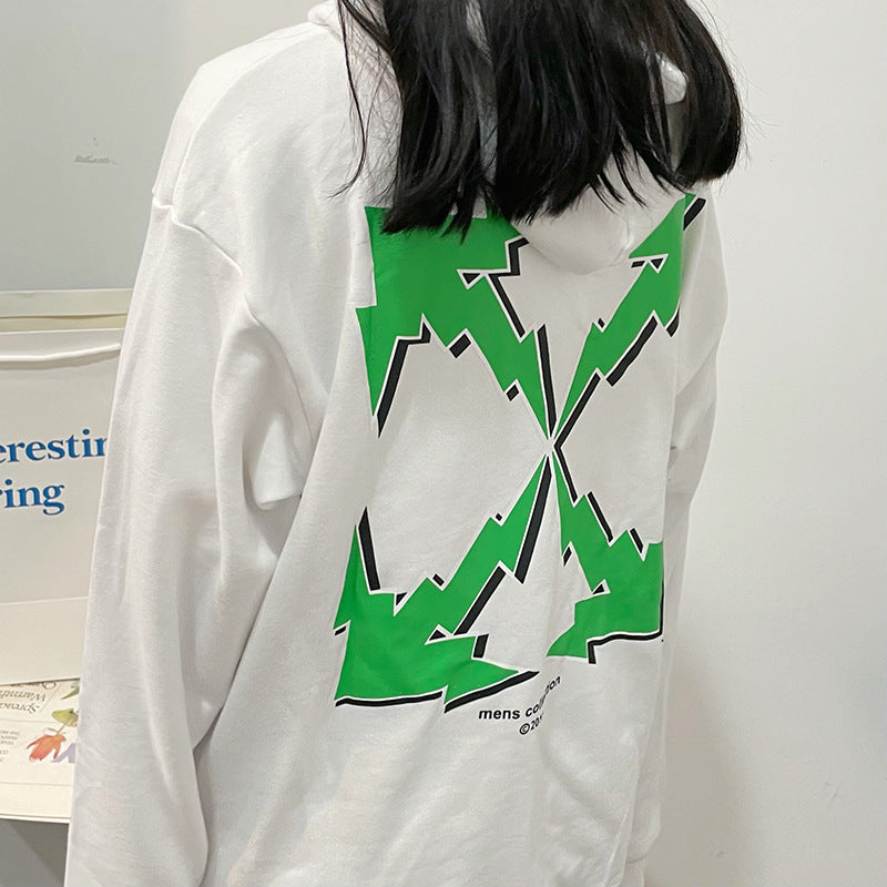 off White Hoodie Green Arrow Print Loose Hooded Sweater Base Shirt