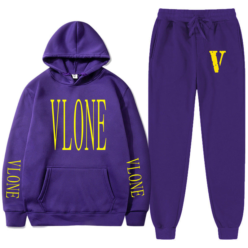 Vlone Hoodie & Pants 2 Piece Set Printed Sweater Loose Hooded Sweater Casual