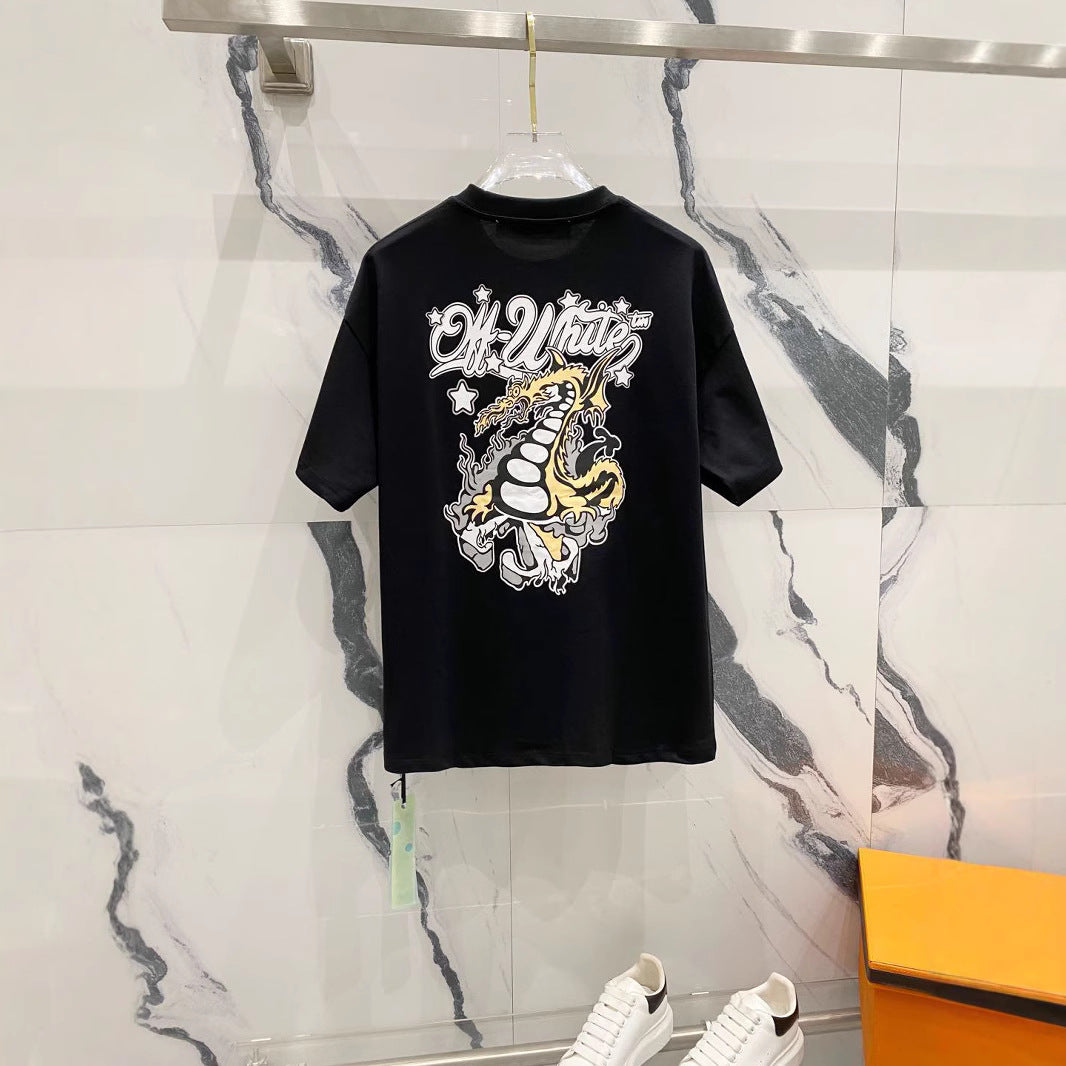 Off White T Shirts OW Dragon Letter Pattern Crew Neck Pullover Short Sleeves