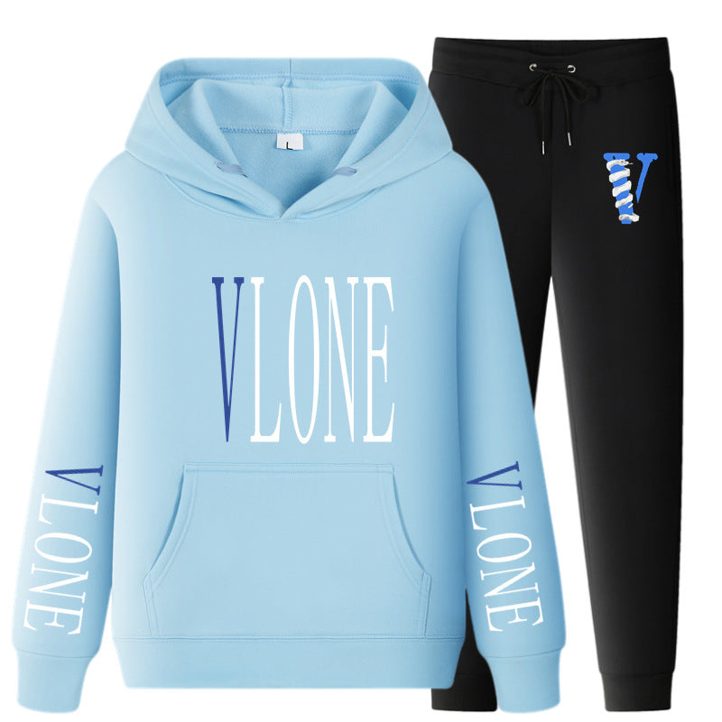 Vlone Hoodie & Pants 2 Piece Set Printed Casual Sports Loose Suit