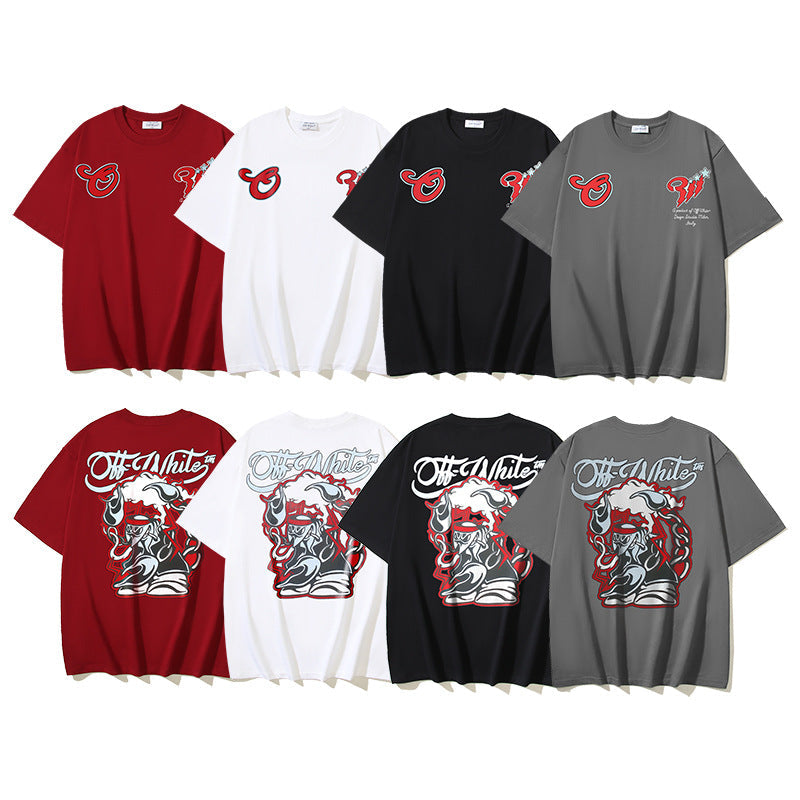 Off White T Shirts Cartoon Arrow Pattern Crew Neck Pullover Short Sleeves