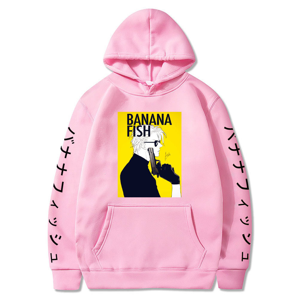 Anime Hoddies Banana Fish Print Loose Hoodie Velvet Padded Hooded Sweatshirt Men and Women