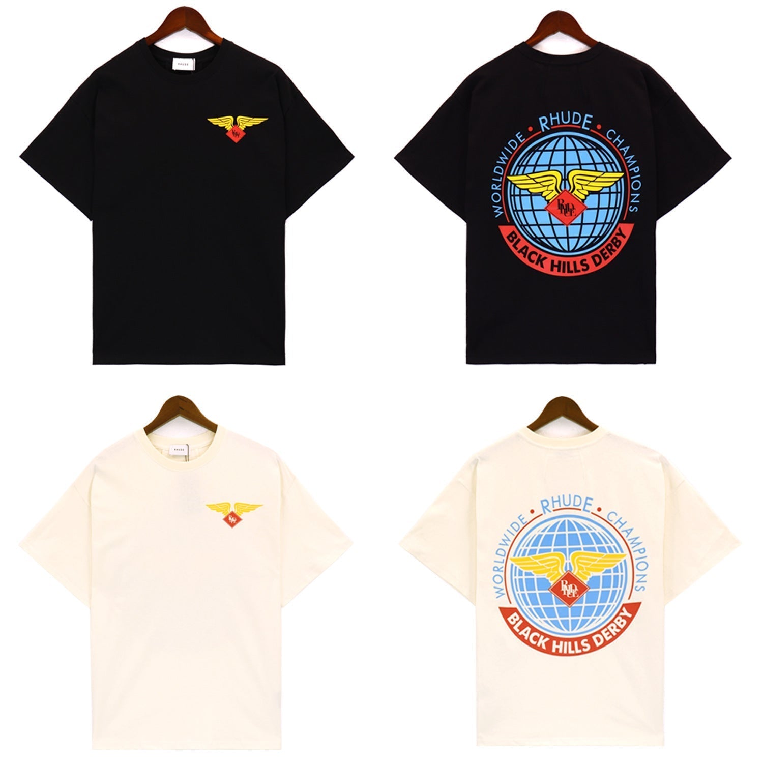 Rhude T Shirt Label Wings Alphabet Earth Print Short Sleeve T-Shirt
